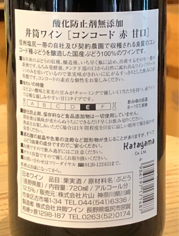 井筒ワイン 無添加 コンコード（赤）甘口 1.8L